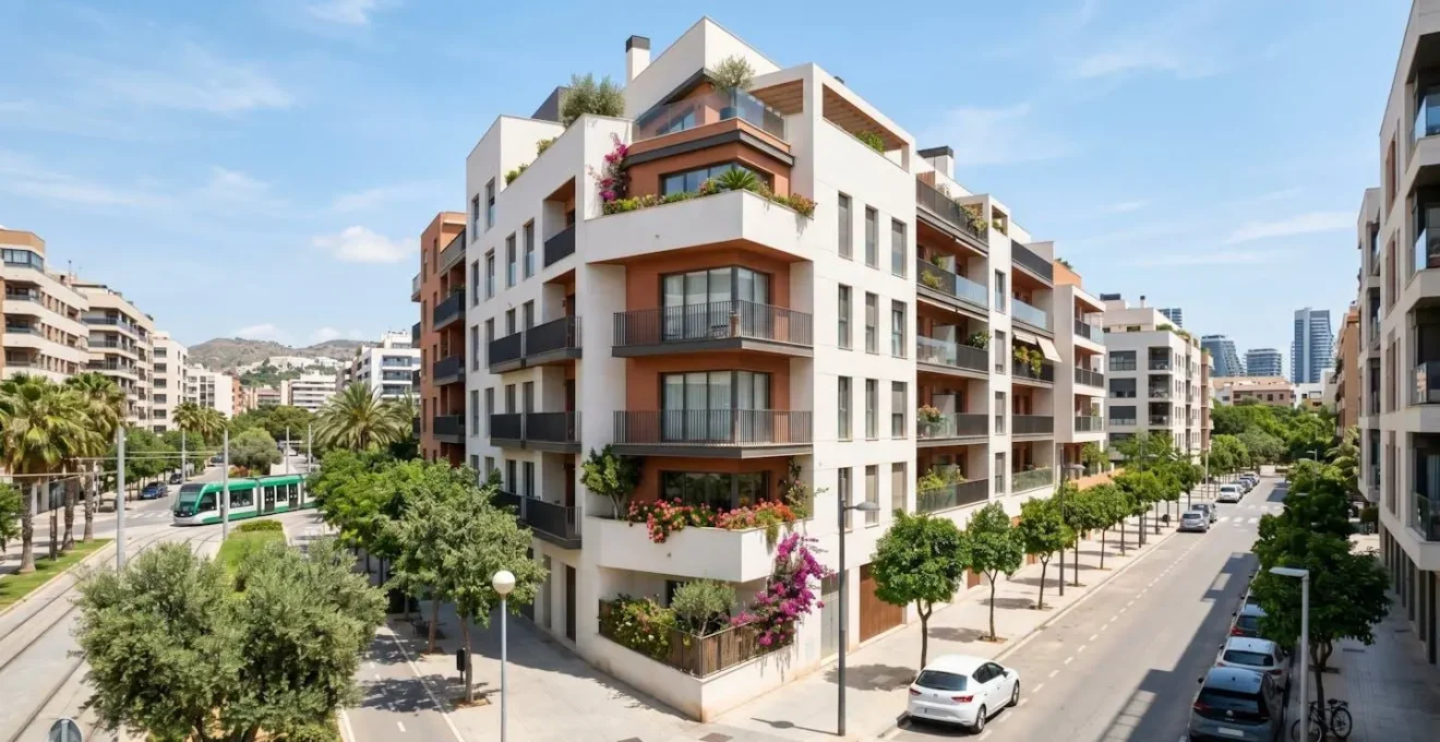 Fachada de edificio residencial contemporáneo con arquitectura española en calle urbana limpia con luz natural del día sin personas visibles