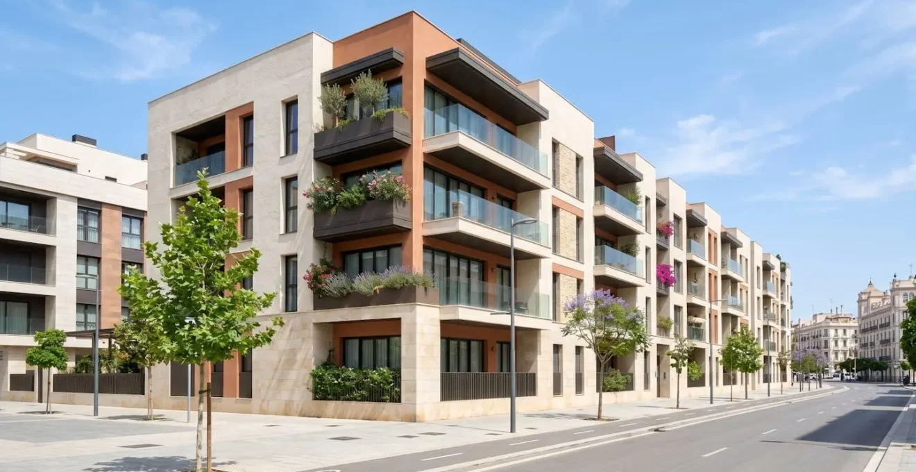 Fachada de edificio residencial contemporáneo con arquitectura española en calle urbana limpia con luz natural del día sin personas visibles