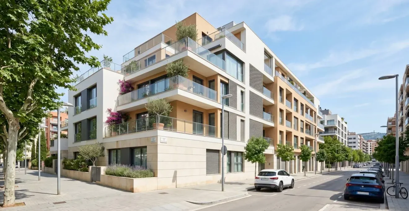 Fachada de edificio residencial contemporáneo con arquitectura española en calle urbana limpia con luz natural del día sin personas visibles