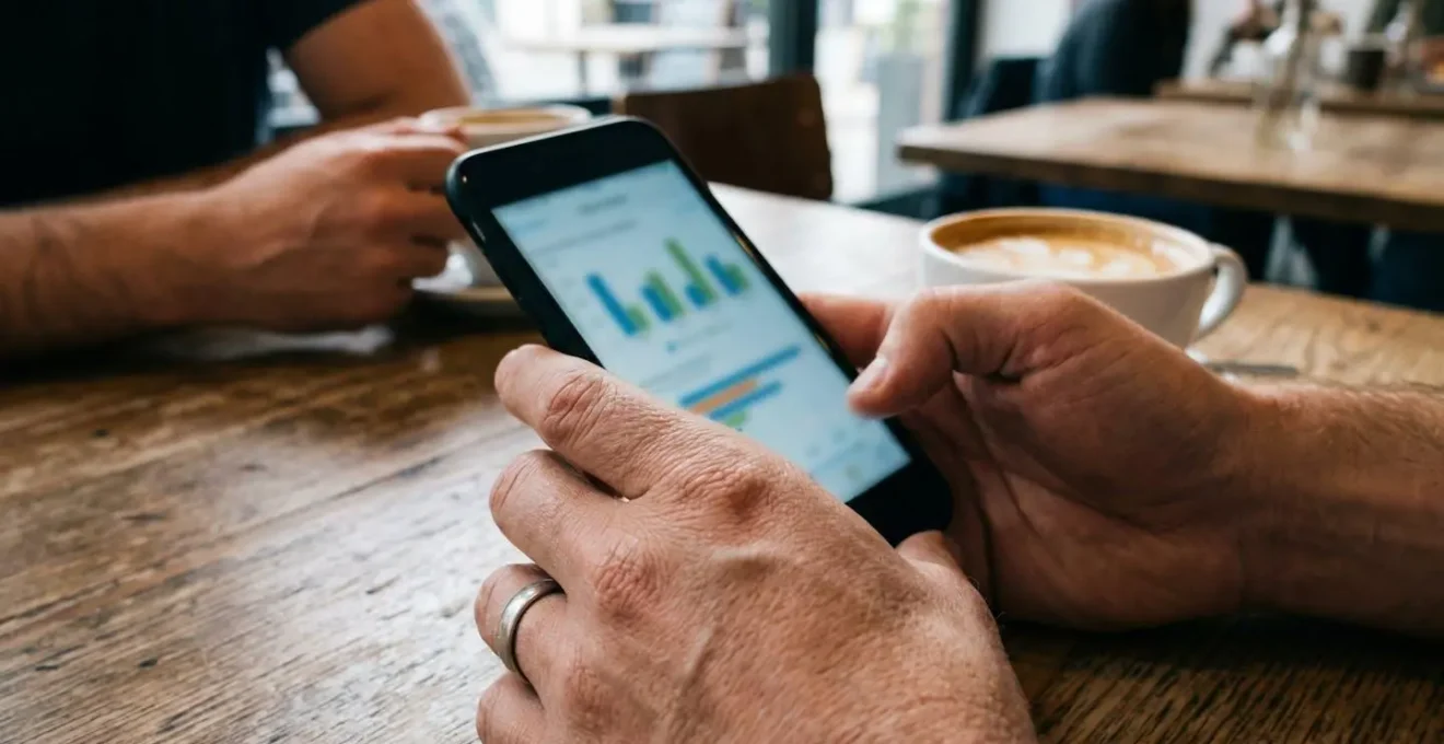Detalle de unas manos sosteniendo un teléfono móvil sobre una mesa de madera con una taza de café al lado