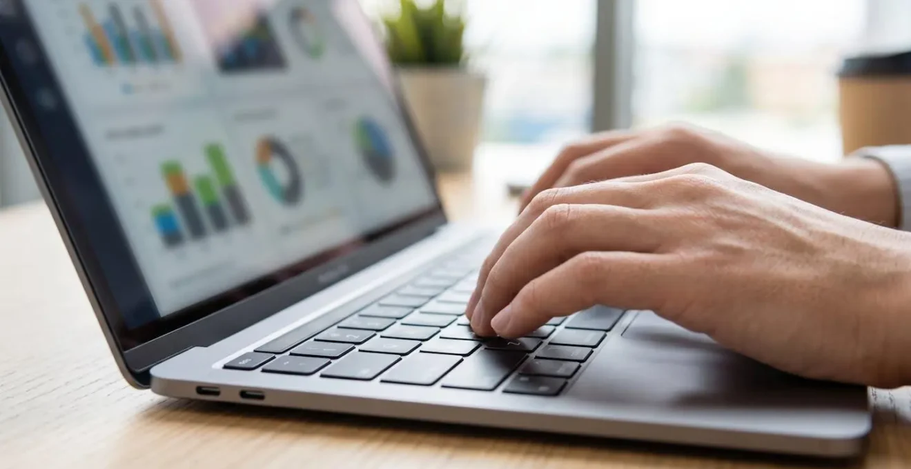 Plano detalle de manos tecleando en teclado de ordenador portátil moderno con pantalla borrosa mostrando gráficos de datos en segundo plano sobre superficie limpia