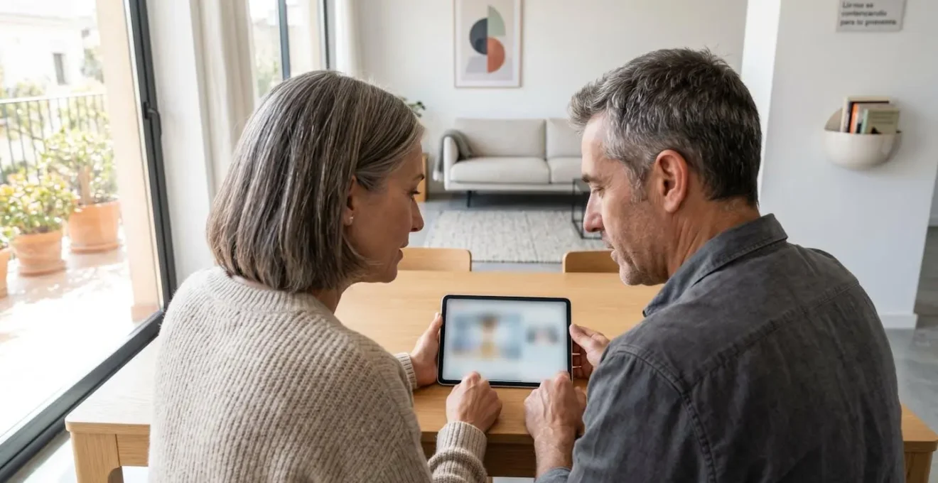 Pareja de mediana edad sentada en mesa moderna consultando información en tableta con gesto concentrado en salón luminoso contemporáneo