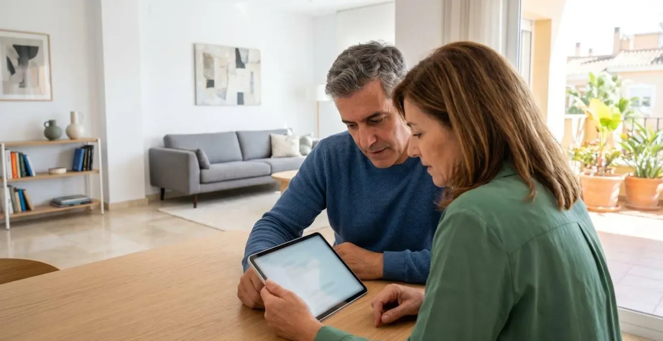 Pareja de mediana edad sentada en mesa moderna consultando información en tableta con gesto concentrado en salón luminoso contemporáneo