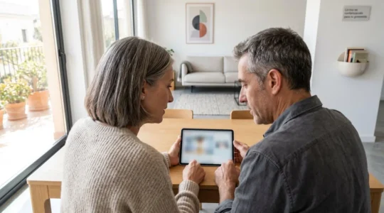 Pareja de mediana edad sentada en mesa moderna consultando información en tableta con gesto concentrado en salón luminoso contemporáneo