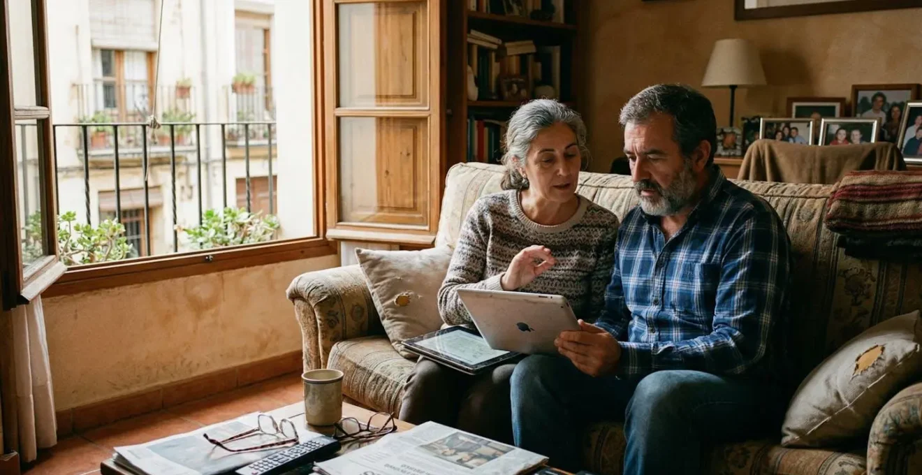 Una pareja de mediana edad sentada en un sofá de su salón mira atentamente una tableta mientras conversan