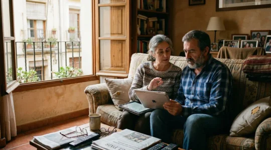 Una pareja de mediana edad sentada en un sofá de su salón mira atentamente una tableta mientras conversan